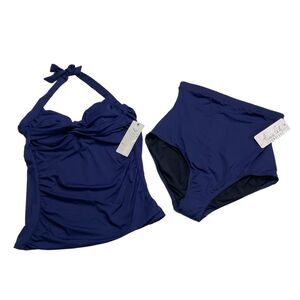 Anne Cole Two Piece Tankini Swim Suit Navy Blue Sz L NWT